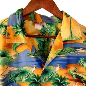 Pacific Legend Mens Hawaiian Shirt Crocodile Palm Tree Cotton Blue Orange XL